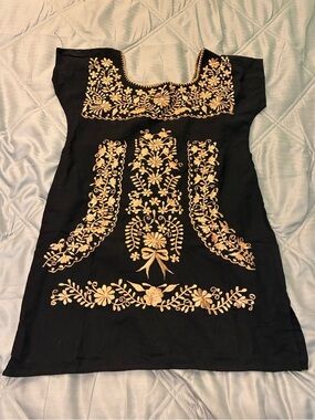 Black Embroidered Floral Tunic Dress - Gold Stitching